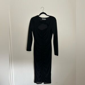 Abercrombie & Fitch Black Long Sleeve Ruched Midi Dress with Front Keyhole